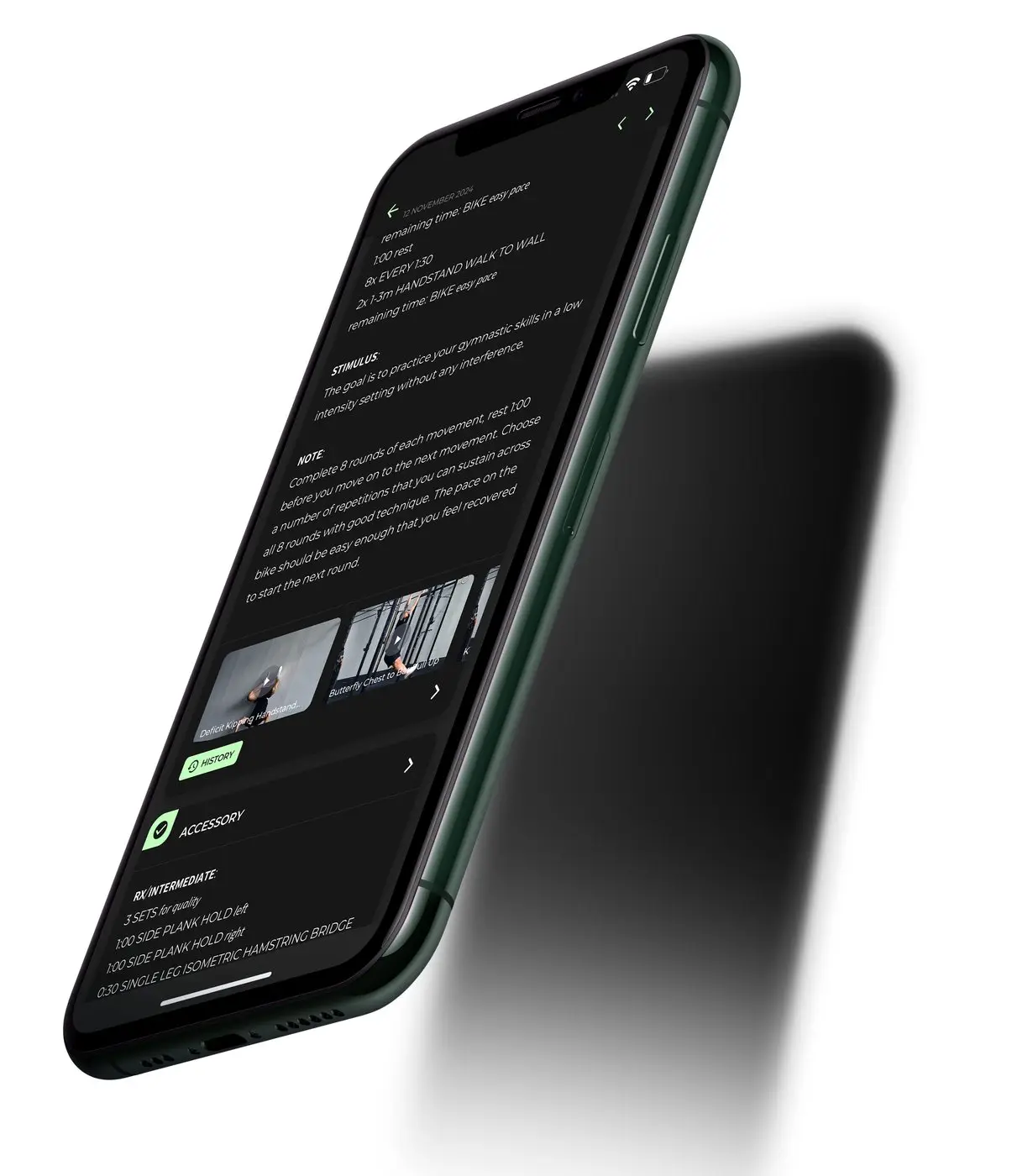 TRUE Training App showing a training day in dark mode