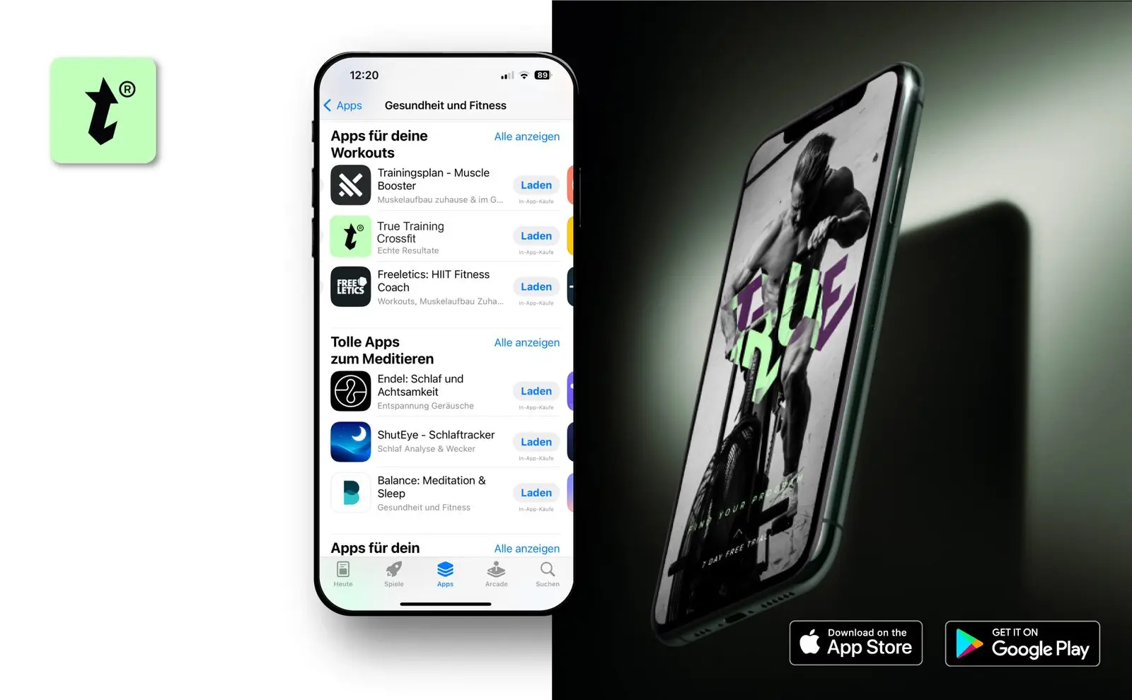 The TRUE Training App in the App Store and the app start screen on a phone
