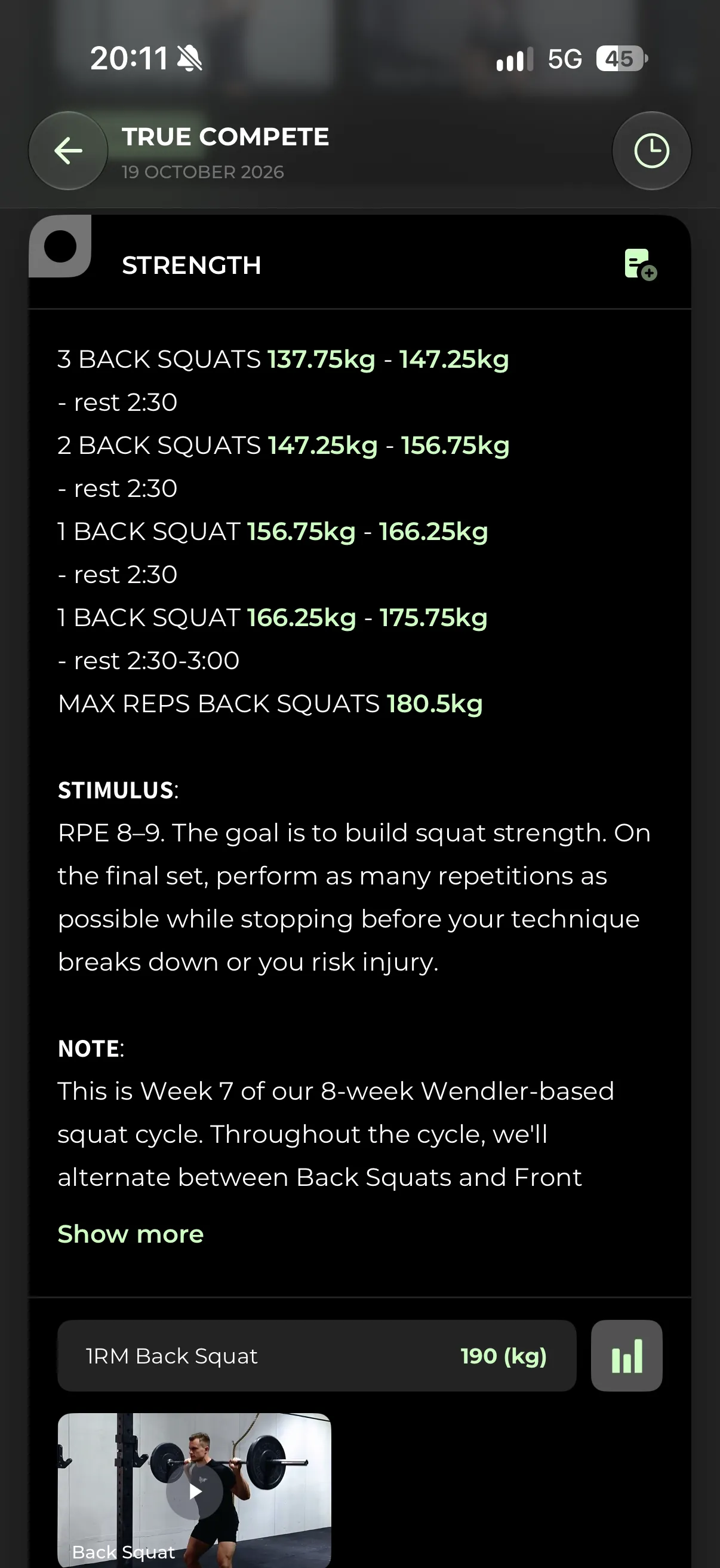 Screenshot of the TRUE Training App: Loads calculated for you