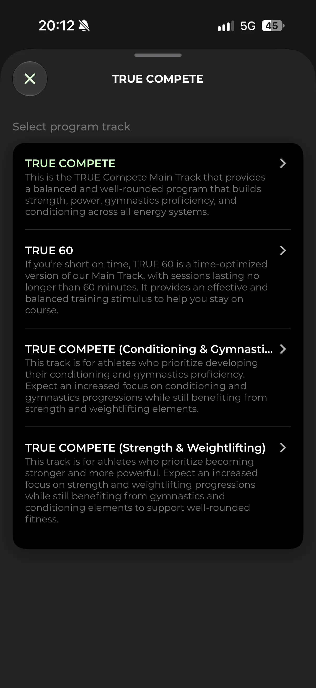 Screenshot of the TRUE Training App: Choose your track
